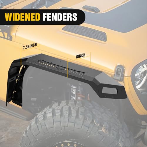 Image of Nilight JL JT Wide Flat Front Fender Flares for 2018 2019 2020 2021 2022 2023 2024 2025 Jeep Wrangler JL JLU&Gladiator JT 2Pcs Off-Road Wheel Fenders w /LED Lights Turn Signal Lights DRL