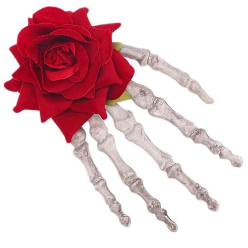 Pop The Party Halloween Skeleton Hand Hair Clip with Red Rose – Scary...