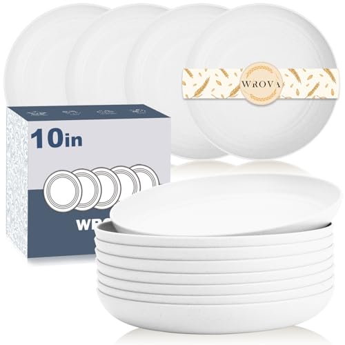 Wrova Large Reusable Plates Set of 8-10 Inch Unbreakable Deep Plate for Salad, Fruit Lightweight Kitchen Plate Dishwasher & Microwave Safe Plates for Camping, RV - White