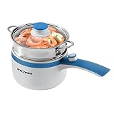 Stecoker 1.5L Electric Hot Pot with Steamer, Rapid Noodles Cooker, Boil Egg Ramen Oatmeal Soup, Fry Rice, White and Blue (XH-DG152BL)