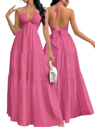 Image of Narecte Women's Maxi Summer Dresses Halter V Neck Beach Dresses for Women A-Line Casual Dress for Vacation