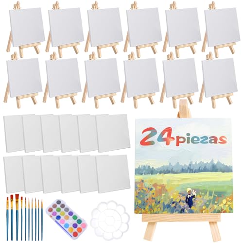 La Mejor Recopilación de Pintura para Pintar Ropa al mejor precio. 50 QianMu 24 Piezas 8 × 8cm Lienzo para pintar y 12 Caballetes para Pintar, Mini Kit de Pintura al óleo, Pinceles, Paletas y Pinturas, Blancos Algodón Bastidores para Pintar pare...
