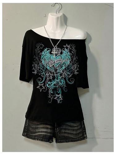 Image of RoseSeek Women's Off The Shoulder Goth Graphic Tees Short Sleeve Asymmetrical Oversized Y2K T Shirts