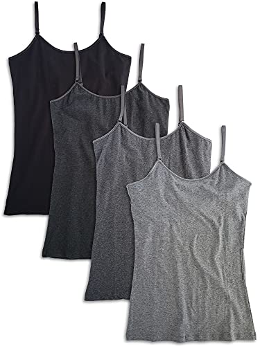 Kalon Women s 4-Pack Shelf Bra Tank Top Camisole Classic Spaghetti Strap (XX-Large, Black Greys)