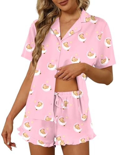 Image of Ekouaer Pajamas Set for Women Short Sleeve Sleepwear Button Down Pjs Lounge Sets Soft Nightwear