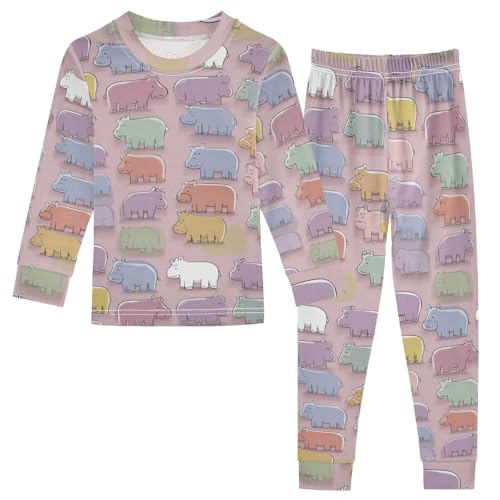 Pajama Sets Long Sleeve Colorful Hippo Pattern on Fabric Soft Comfy Sleepwear 2 Piece PJS 3-8T