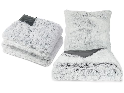 ZOLLNER Set aus Kuscheldecke und Bettwäsche - Größe 220/240 & 80/80+135/200 - waschbar bis 30°C – weißes Fellimitat auf grauem Fleece - Oeko Tex® Zertifiziert