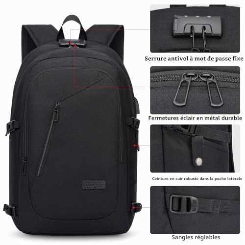 WENIG Zaino Laptop 17 Pollici Antifurto Impermeabile Uomo Grande Capacità PC Portatile con Ricarica USB Zaino da Viaggio Affari per Tempo Libero Scuola College - Nero - 5