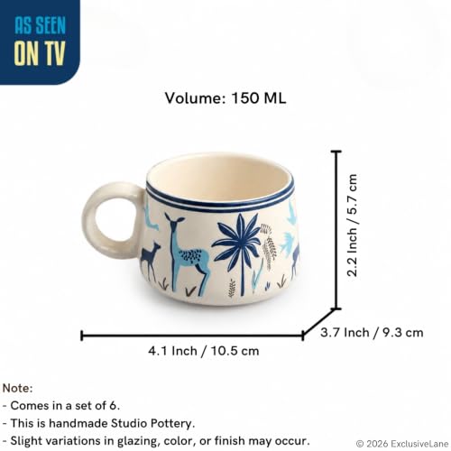 Image of ExclusiveLane 'Deer & Floral' Ceramic Tea Cups Set of 6 for Tea Cups Ceramic (Set of 6, 150 ml, Microwave Safe, White & Blue)| Coffee Cup Set Ceramic Cups for Tea Cup Chai Cups Drinkware