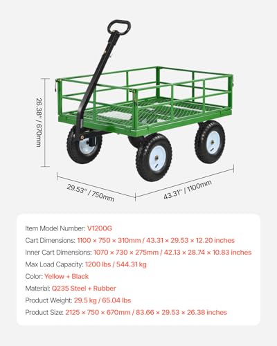 Image of VEVOR Steel Garden Cart, 1200 lbs Heavy Duty Pullable Garden Wagon Yard Cart, 2 in 1 Outdoor Metal Utility Wagon Yard Trailer with 13 inch All Terrain Tires, Mesh Detachable Sides and 180 Rotating Handle