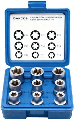 DAKCOS 9pcs Female E-Torx Star Socket Set, External 1/2" Drive Sockets E10, E11, E12, E14, E16, E18, E20, E22, E24 Made of CR-V with Matt Chrome Finish