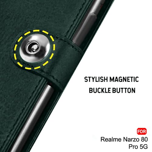 Image of TheGiftKart Flip Cover Back Case for Realme Narzo 80 Pro 5G | Genuine Leather Finish | Designer Button | Inbuilt Pockets & Stand | Wallet Style Flip Back Cover for Narzo 80 Pro (Faux Leather, Green)