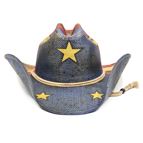 Image of Keilin Straw Cowboy Hat for Women and Men - American Flag Patriotic USA Western Hat 4th July Cowgirl Country Rodeo