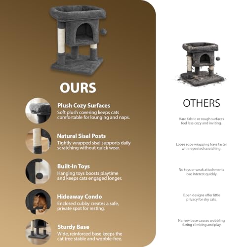 Rex & Roxy Cat Tree 59cm | Cat Tower with Oversized Perches, Condo and Hanging Ball | Pet Furniture House for Kittens | Cat Scratching Post for Scratching, Playing and Sleeping | Grey - Image 2