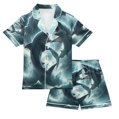 ALAZA Shark Fighting Magic Satin Pajamas Set Short Sleeve Button Down Sleepwear Summer Pjs 2 Piece