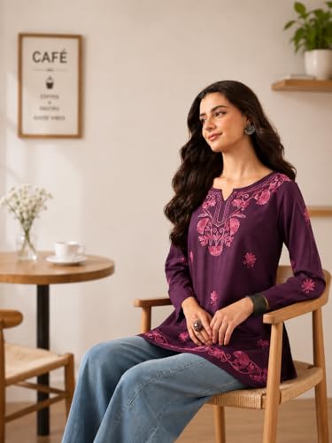 Image of QAZMI Women's Zayesha Aari Embroidered Viscose Rayon A-Line Flared Short Kurti