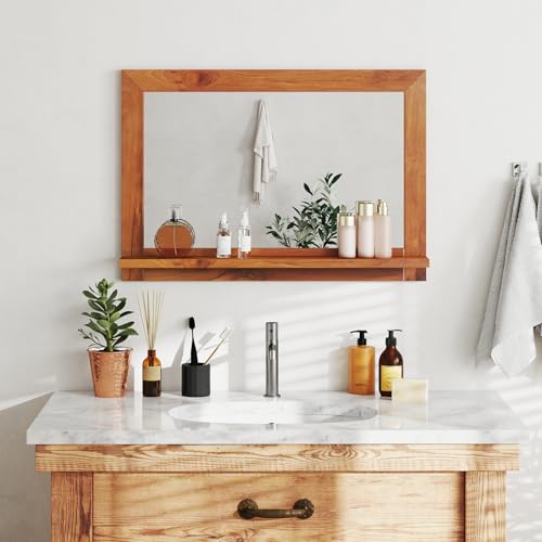 Tangkula Farmhouse Wall Mirror with Shelf, 27.5 x 20 Inch Rectangle Decorative Mirror with Teak Wood Frame, Wall Decoration for Bathroom Entryway Living Room Bedroom