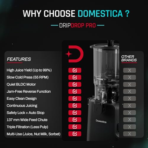 Image of Domestica Dripdrop Pro Cold Press Juicer for Home | All in One Slow Juicer for Fruits, Veggies & Nut Milk, BLDC Motor | High Juice Yield | Reverse Function, Easy Cleaning, 137mm Wide Chute