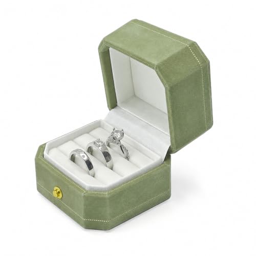 WHSLILR Velvet Ring Box - Octagon Engagement Ring Box with Hinged Lid for Proposal Engagement Wedding Proposal Ring Case Jewelry Box with Gold Lace PRB003-Green