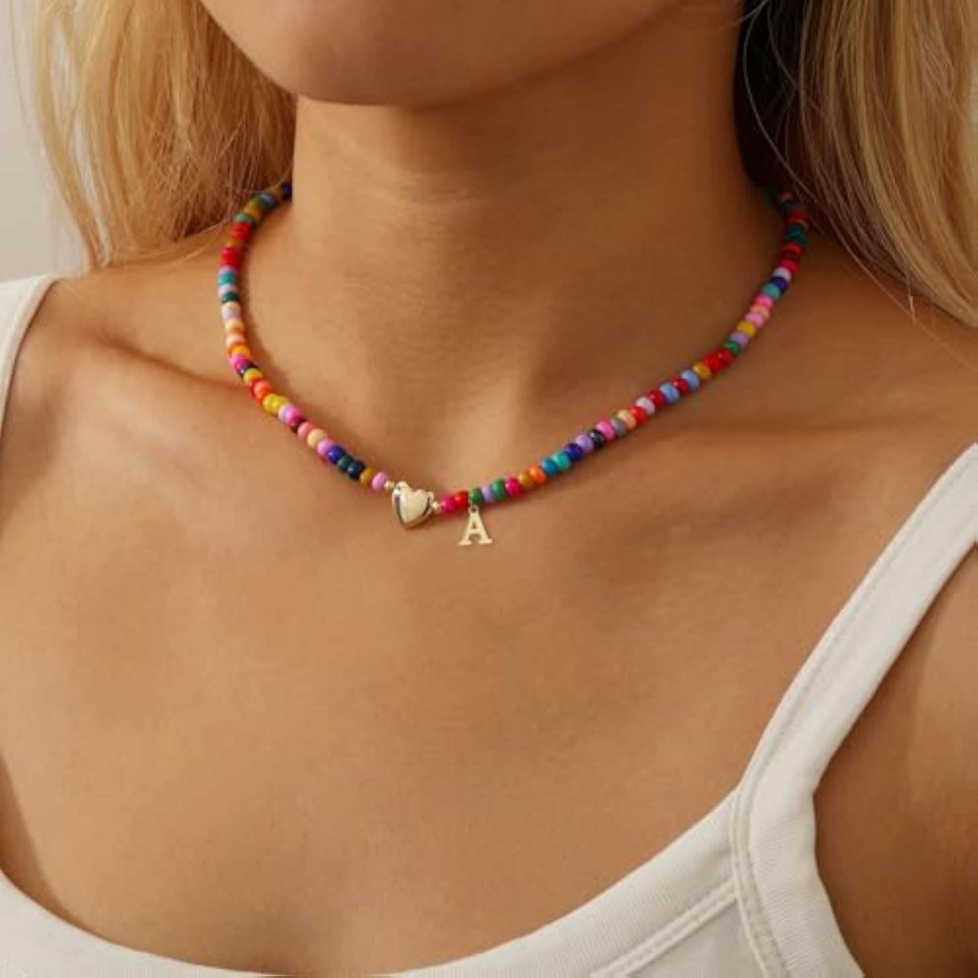 Women's Colorful Beads Charm Initial Choker Necklace, Gold Plated