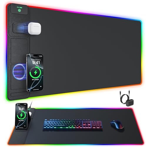 abc.mat 4-in-1 RGB Gaming Mouse Pad with Wireless Charging & Phone Stand, 31.5"x15.8" Large, 24 Light Effects, Non-Slip Base, Waterproof Ultra-Smooth Surface, with Adatper