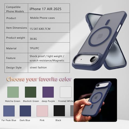 Image of Magnetic for iPhone 17 Air Phone Case, [Compatible with MagSafe], Screen Protector X1, [Military Grade Drop Protection],Matte Finish,Slim,Shockproof,Protective (Blue, iPhone 17 air)