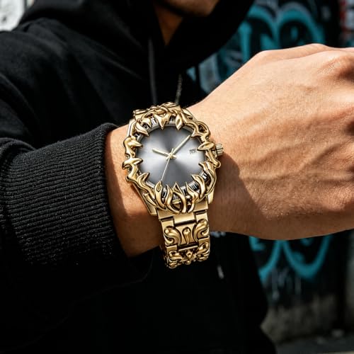 Image of CARLIEN Gothic Claw Watch for Men - Unique Stainless Steel Wristwatch, Luminous Hands, Waterproof Quartz Movement, Futuristic Melting Style, Cool Red & Green Color Options