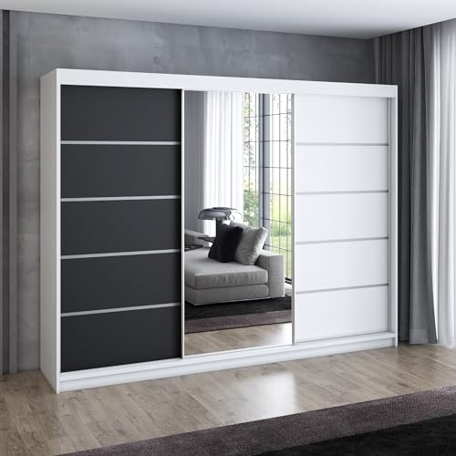 A&J MöbelLand Schwebetürenschrank VILANO 1 Kleiderschrank 3-türig 200 cm mit Spiegel, 4 Schubladen & 2 Kleiderstangen, Geräumiger Schlafzimmerschrank (Weiß/Schwarz) A&J MöbelLand Schwebetürenschrank VILANO 1 Kleiderschrank 3-türig 200 cm mit Spiegel, 4 Schubladen & 2 Kleiderstangen, Geräumiger Schlafzimmerschrank (Weiß/Schwarz)