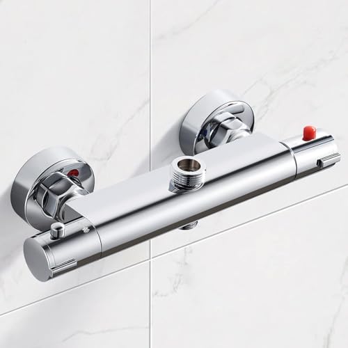 Robinet de douche avec thermostat, 2 sorties, mitigeur de douche, robinet de douche supérieur 3/4' BSP (26,4 mm) + bas 1/2' BSP (21 mm), laiton, anti-brûlure, thermostat de douche chromé