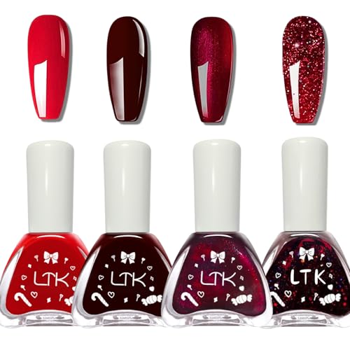 4 PCS Dark Red Nail Polish Sets - Burgundy Bright Red Nail Polish - Breathable Glitter Nail Varnish Quick Dry & Long Lasting Nail Polish - No Need UV Light for Women Girls Manicure