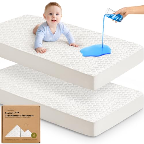 2-Pack Waterproof Crib Mattress Protector Cover Fitted - Quiet Baby Crib Mattress Pad Sheets 52 x 28 Soft Quilted Cotton Baby Sheet Machine Washable Easy Fit Durable (Soft White/Mavy)