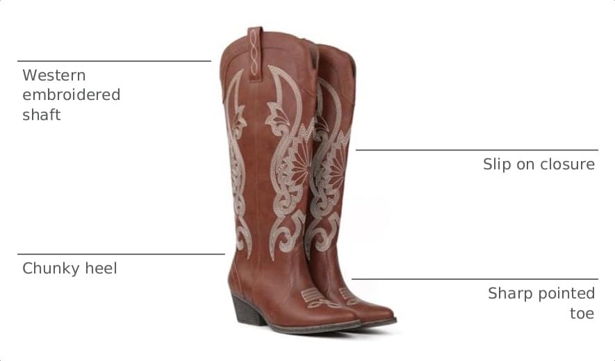 Image of Hawkwell Women's Cowboy Cowgirl Boots Slip On Pointed Toe and Block Heel Shoes with Classic Embroidered Pull On Tall Boot for Ladies Dress Western Knee High Boots