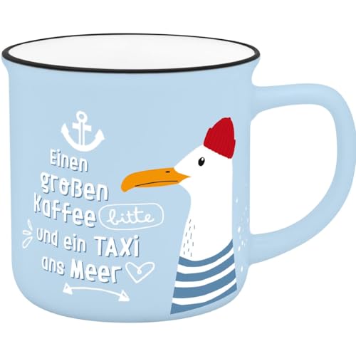 Becher in Emmailoptik 'Einen großen Kaffee bitte und ein Taxi zum...