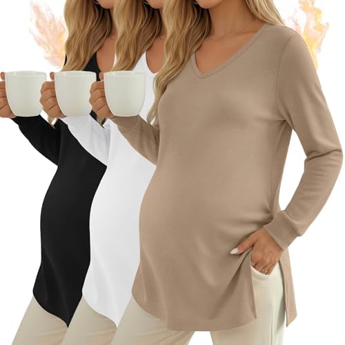 Huukeay 3 Pack Women's Thermal Maternity Shirts Long Sleeve Fleece Lined Pregnancy Tops Split Side V Neck Maternity Clothes