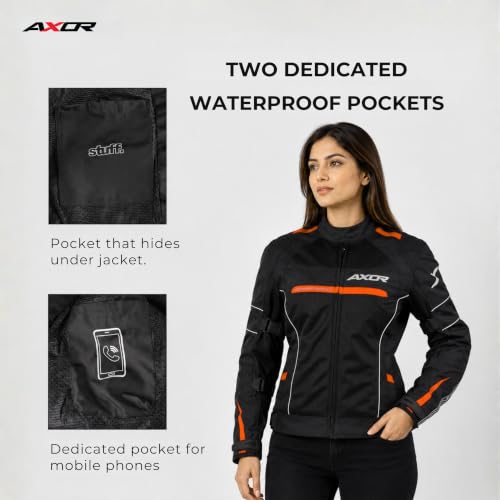 Image of Axor Divazz Women Motorcycle Riding Jacket, CE Armour Protective Bike Jacket, All-Weather Touring Riding Gear with Ventilation Panels, Black Orange, L