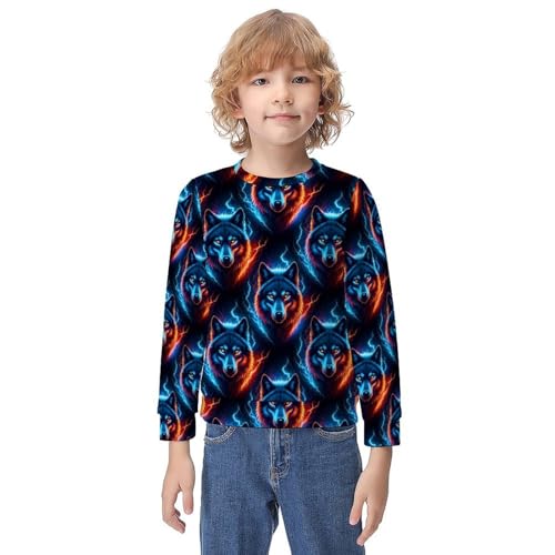 MZERSE Soft Kids Crew Neck Pullover Fire Flame Wolf, Long Sleeve Sweatshirt for All Seasons, 8-10Y