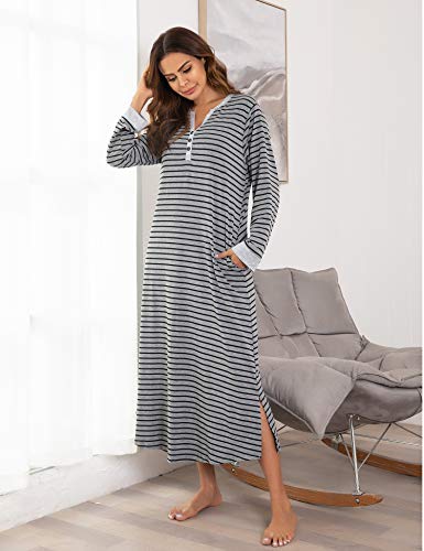 Ekouaer Women's Striped Nightshirt,Long Nightgown Loungewear (Grey Black Striped, Large)