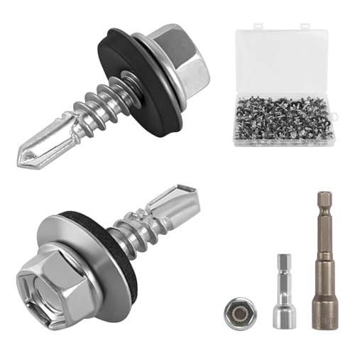 150 Stück Trapezblechschrauben, Selbstschneidende Schrauben 4.8x19MM, Sechskant Spenglerschrauben mit Dichtscheibe + 2 Stk Sechskant Steckschlussel für Stahl Blechdach Metallschrauben