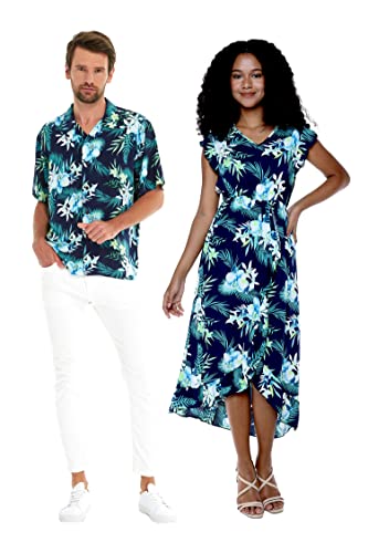 Matchable Couple Hawaiian Luau Shirt or Wrap Ruffle Dress in Orchid Breeze Navy