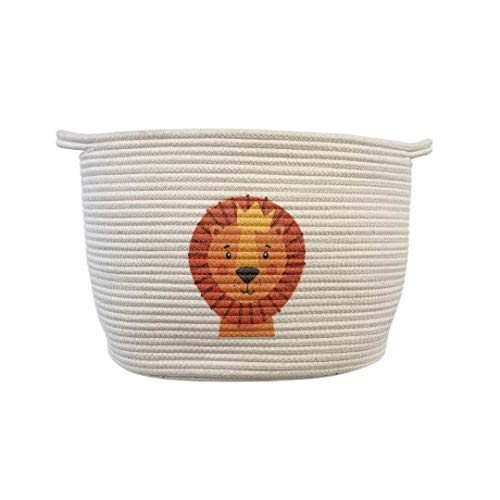 Image of Cute Safari Lion Nursery Baby Basket/Baby Hamper/Woven Storage Basket/Rope Cotton Baby Laundry Hamper Large - 11"H x 17.7"W x 13.4"L/Nursery Storage Toys Books Kids Dog Blanket Decor/Baby Gift