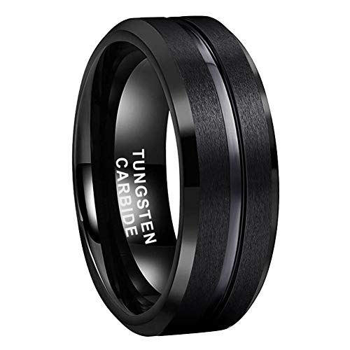 iTungsten 8mm Black Tungsten Rings for Men Women Engagement Wedding Bands Matte Finish Grooved Beveled Edges Comfort Fit