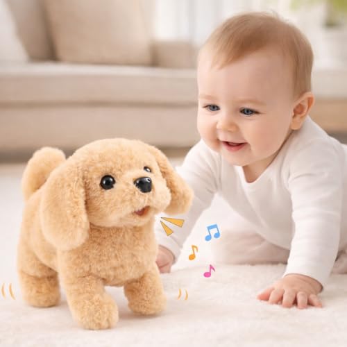 Image of Pandaworld Joyful Jogs Pup, Plush Golden Retriever Walking and Barking Puppy Dog Toy with Sound and wiggling Tail, Interactive Dog Toy for Baby Kids Children