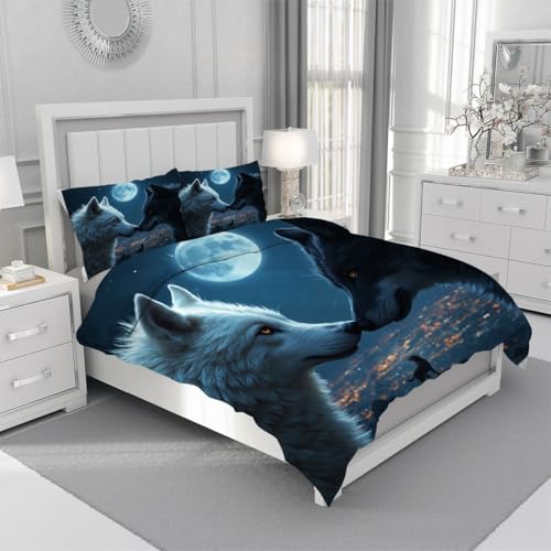 Juego de cama King de lobos azules con funda de edredón de microfibra de 86x90 3