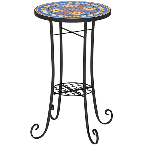 Outsunny Mesa de jardín de mosaico, mesa redonda de 14 pulgadas para exteriores con estante, parte superior de azulejos de cerámica, mesa auxiliar de jardín pequeña, mesa auxiliar de bistró, mesa