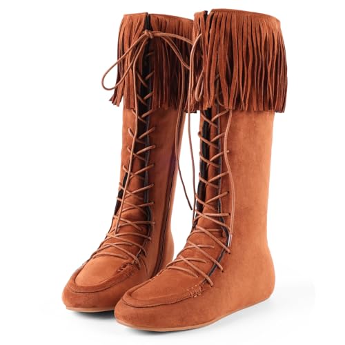 FancyQueen Fringe Boots for Women Lace Up Suede Knee High Flat Boots for Women no Heel with Zipper Comfortable Mid Calf Casual Boot