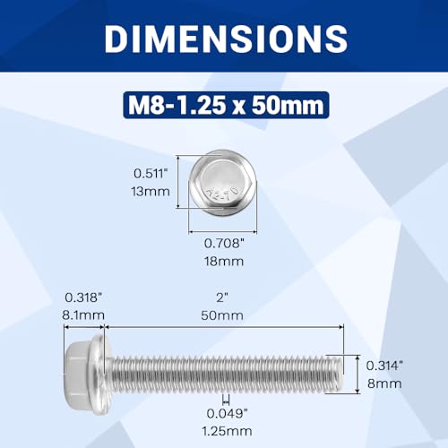 Image of M8-1.25 x 50mm Serrated Flange Hex Bolts + Flange Nut + Flat Washer + Lock Washer Combo Pack, 304 Stainless Steel 18-8, for Automotive & Machinery, 10 Sets