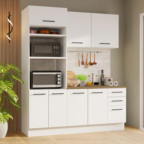 Madesa-Hazel-3-Piece-Kitchen-Storage-Set-with-3-Door-Pantry-Cabinet-Wall-Cabinet-Base-Cabinet-with-Drawers-74-Inch-Wooden-Modern-Organization-Units-for-Pantry-White Madesa Hazel 3 Piece Kitchen Storage Set with 3 Door Pantry Cabinet Wall Cabinet Base Cabinet with Drawers 74 Inch Wooden Modern Organization Units for Pantry White