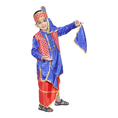 Image of Kaku Fancy Dresses Polyester Indian State Punjabi Folk Dance Costume for Kids /Bhangda Gidda Dance Costume For Boys - Red & Blue, 5-6 Years