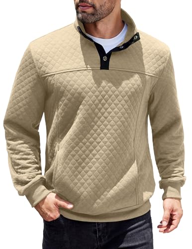 Image of COOFANDY Mens Quarter Sweatshirt Quilted Long Sleeve Mock Neck Active Sweater Waffle Pullover Polo Shirts With Pockets
