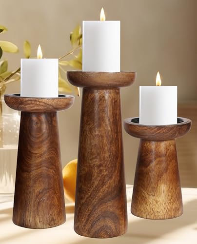 Hand Crafted Wooden Pillar Candle Holders Set of 3, Ideal for LED and Pillar Candles, Gifts for Wedding, Christmas, Party, Home, Spa, Reiki, Aromatherapy, Votive Candle Gardens - 10, 8, 6 Inch - Burnt